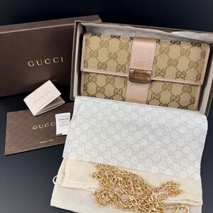 Gucci Ladies Bar Continental Wallet GG Supreme‎ Rose Gold Leather WOC Chain Box